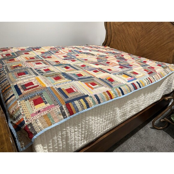 Antique Log Cabin Quilt Reversible Twin/full Blue Trim Floral Back 81” X 64” - Picture 9 of 16